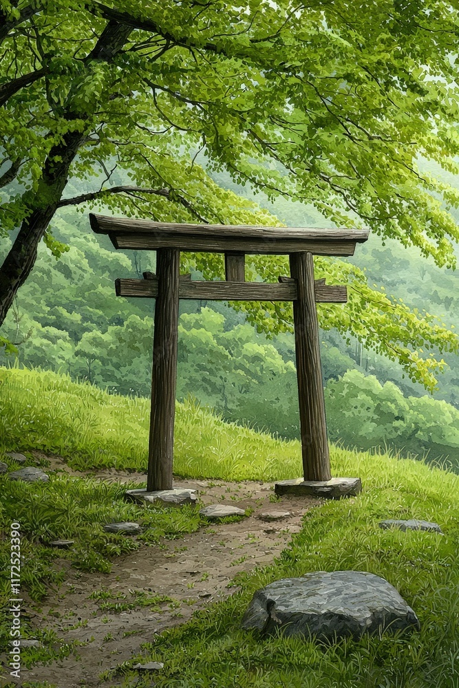 A photostock of a traditional Japanese torii gate at the entrance of a scenic forest path A photostock of a traditional Japanese torii gate at the entrance of a scenic forest path