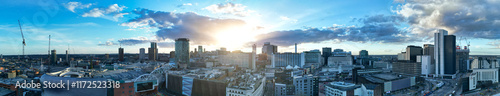 High Angle Ultra Wide Panoramic View of Buildings at Downtown Central Birmingham City of England United Kingdom During Sunset. Aerial View of Was Captured with Drone's Camera on March 30th, 2024