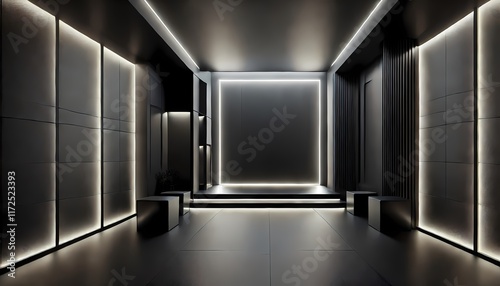 Dark room interior with black walls and subtle glowing gray accents creating a moody ambiance photo