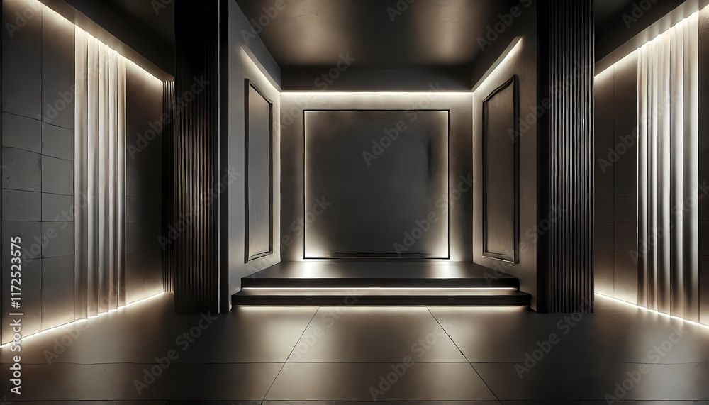 Dark room with black walls and glowing gray accents, creating a moody ambiance, perfect for background and wallpaper Dark room with black walls and glowing gray accents, creating a moody ambiance, perfect for background and wallpaper