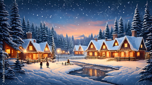 A cozy winter village under a snowy night sky with houses, trees, and a snowman photo