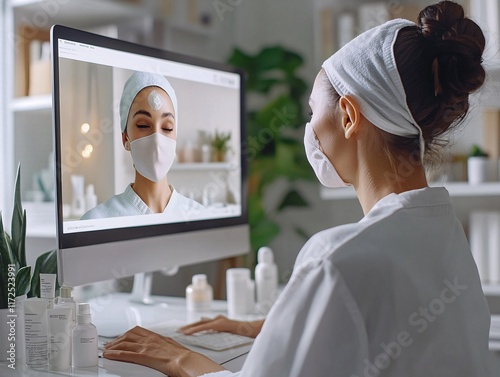Virtual skincare consultation home office video call indoor front view self-care insights