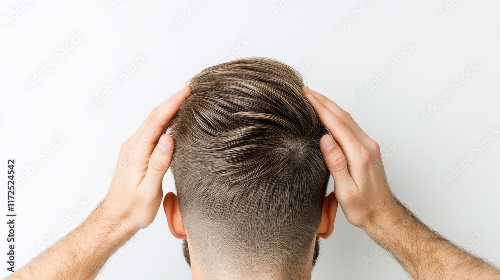 Fototapeta premium Young Man Styling His Hair with Hands in a Modern Haircut, Focusing on Grooming and Personal Care in a Minimalist Indoor Environment