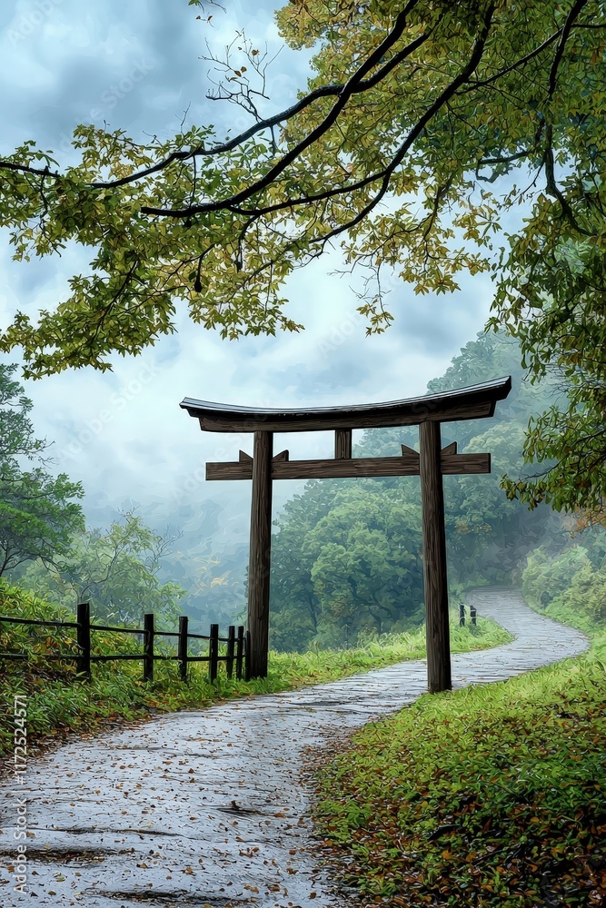 A photostock of a traditional Japanese torii gate at the entrance of a scenic forest path A photostock of a traditional Japanese torii gate at the entrance of a scenic forest path