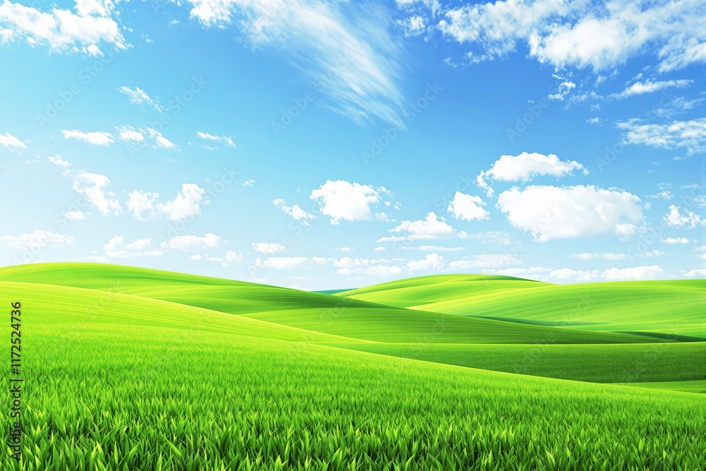 Fototapeta premium Scenic view of vibrant green grass-covered hills under a bright blue sky with scattered white clouds, evoking a peaceful and serene concept. Ai generative