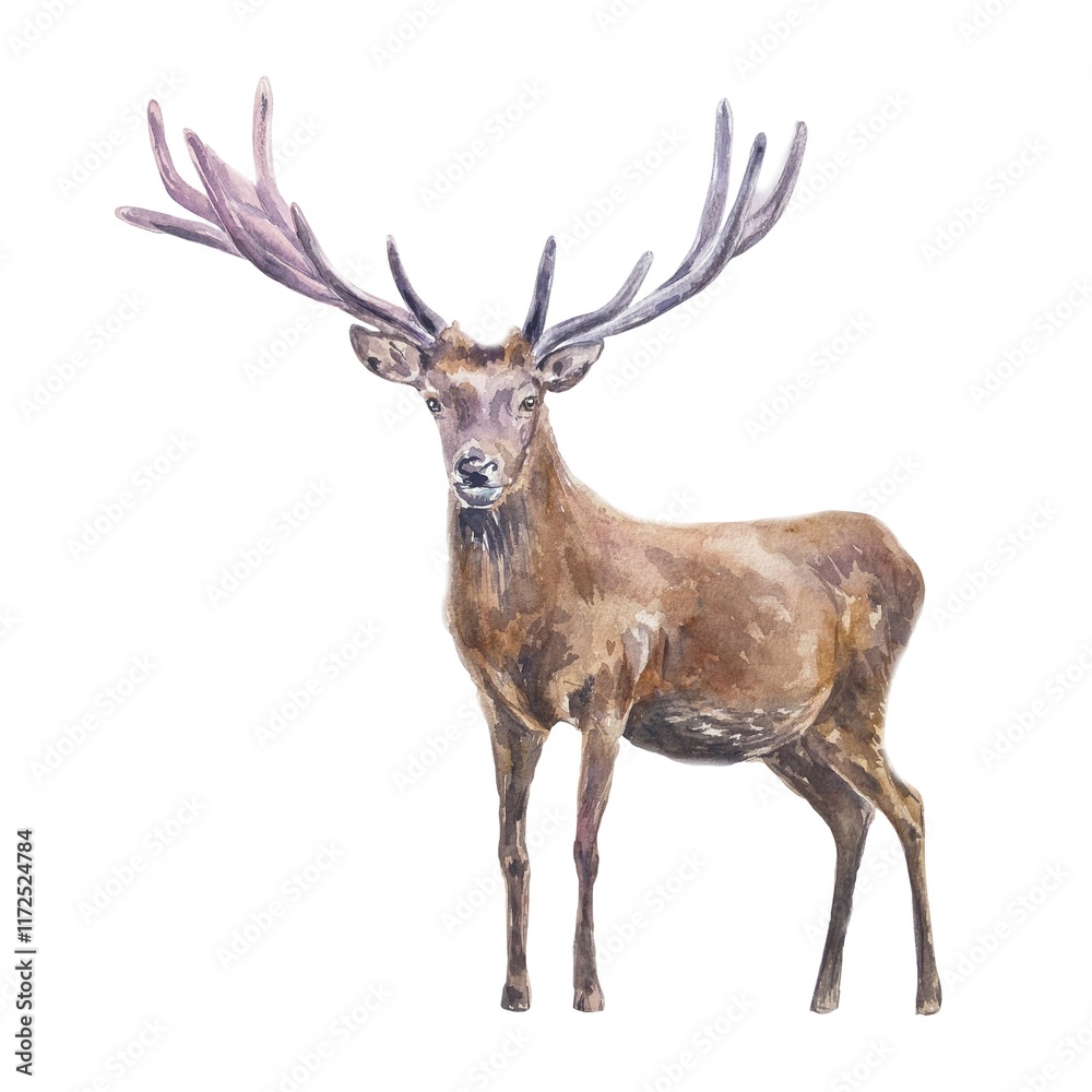 Fototapeta premium Deer with big antlers, male. Hand drawn watercolor illustration of forest animal isolated. Cards, books, posters, Nature and Wildlife Protection Day.