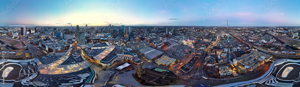 Fototapeta premium High Angle Ultra Wide Panoramic View of Buildings at Downtown Central Birmingham City of England United Kingdom During Sunset. Aerial View of Was Captured with Drone's Camera on March 30th, 2024