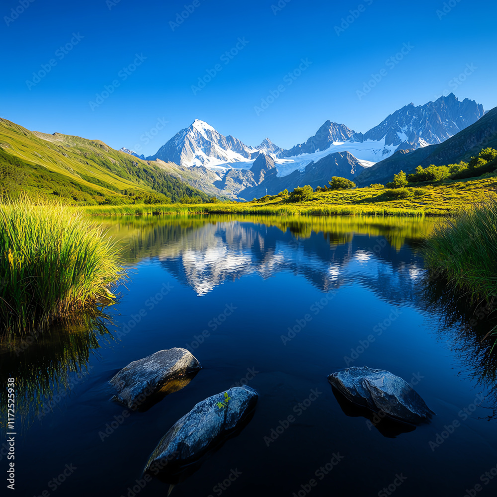 Naklejka premium Breathtaking mountain landscape with a serene lake and lush greenery reflecting in the calm waters, surrounded by majestic peaks.