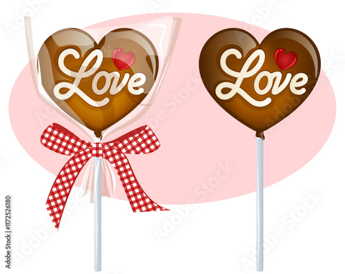 Heart Shaped Chocolate Pop with Love Icing. Ribbon & Plastic Wrapped Gift. Valentine's Day Treat Detailed Illustration