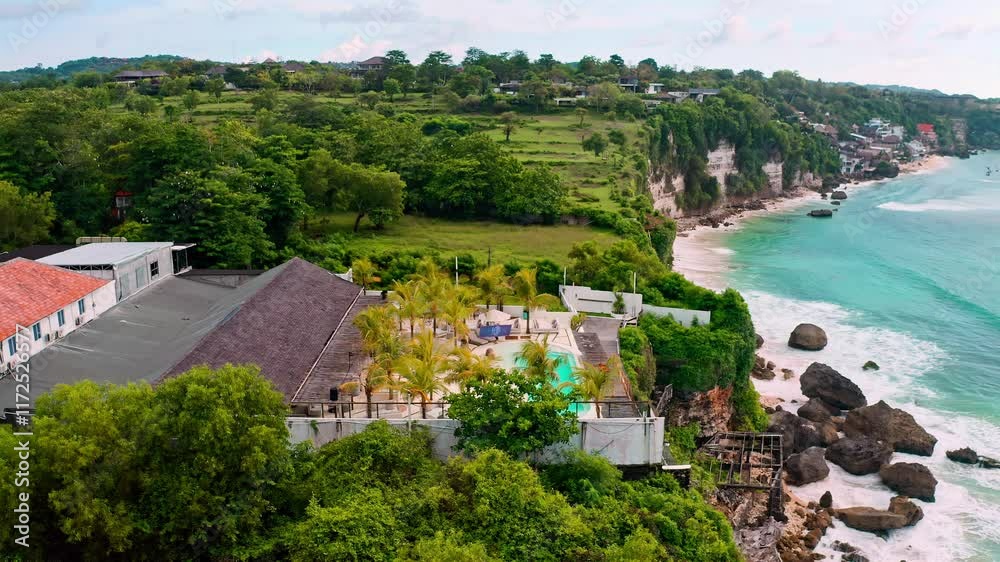 Scenery beach club on coastline Dreamland beach Bali, Indonesia 4K Scenery beach club on coastline Dreamland beach Bali, Indonesia 4K