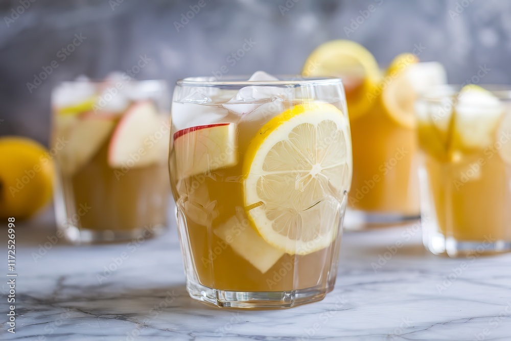 an iced apple and lemon juice in a glass an iced apple and lemon juice in a glass