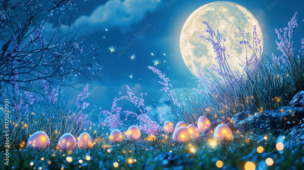 A magical nighttime Easter scene with a glowing full moon illuminating a serene meadow. Glowing Easter eggs form a fairy ring, surrounded by fireflies and swaying grasses. A magical nighttime Easter scene with a glowing full moon illuminating a serene meadow. Glowing Easter eggs form a fairy ring, surrounded by fireflies and swaying grasses.
