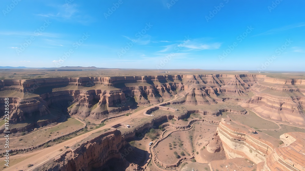 Fototapeta premium Panoramic aerial view of a breathtaking canyon landscape under a clear blue sky, showing unique geological formations and a winding road.