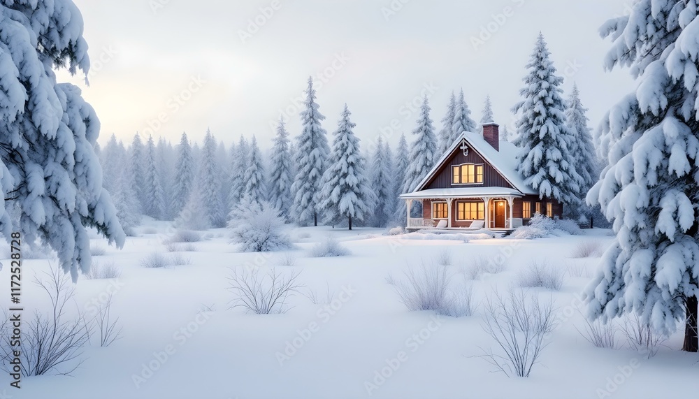 A winter scene with snow-covered trees and a cozy home in the snow serves as perfect background for an online meeting, generated with ai A winter scene with snow-covered trees and a cozy home in the snow serves as perfect background for an online meeting, generated with ai