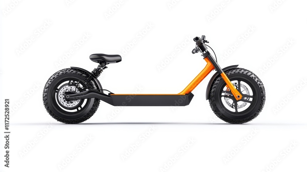 Fototapeta premium Sleek and Modern Electric Scooter Designed for Off-Road Adventures with Bold Orange Accents, Heavy-Duty Tires, and a Minimalist Frame Ideal for Urban Travel