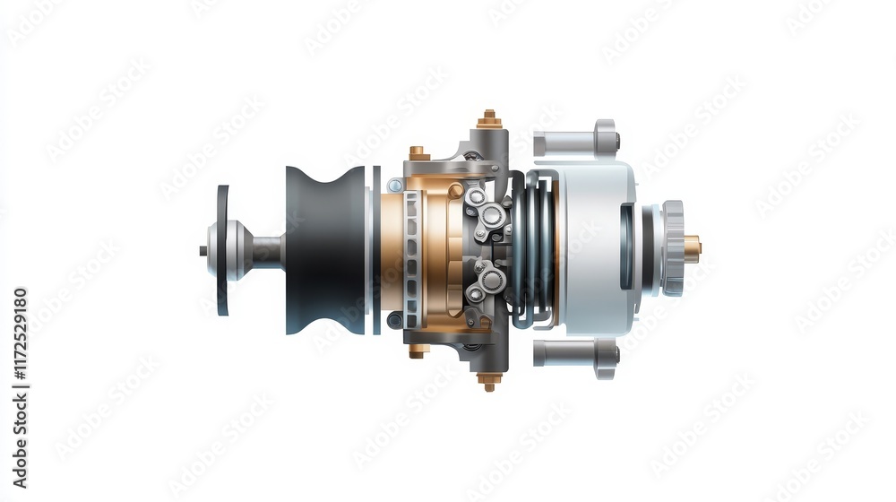 Detailed View of a Modern Turbocharger Featuring Internal Components, Boost Pressure Spring, and Precision Machining for Enhanced Engine Performance Detailed View of a Modern Turbocharger Featuring Internal Components, Boost Pressure Spring, and Precision Machining for Enhanced Engine Performance