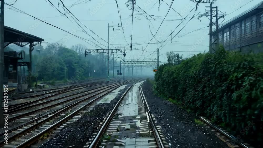 Rainy train tracks stretching into the distance, surrounded by greenery and fog. 4k Video footage. Rainy train tracks stretching into the distance, surrounded by greenery and fog. 4k Video footage.