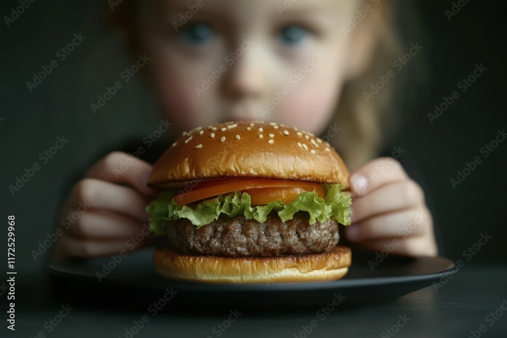A young girl with blue eyes is sitting at a table holding a hamburger on a black plate A young girl with blue eyes is sitting at a table holding a hamburger on a black plate