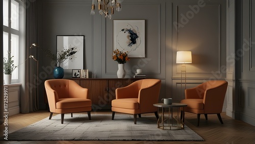 Wallpaper Mural Living room with armchairs and cabinet Generative AI Torontodigital.ca