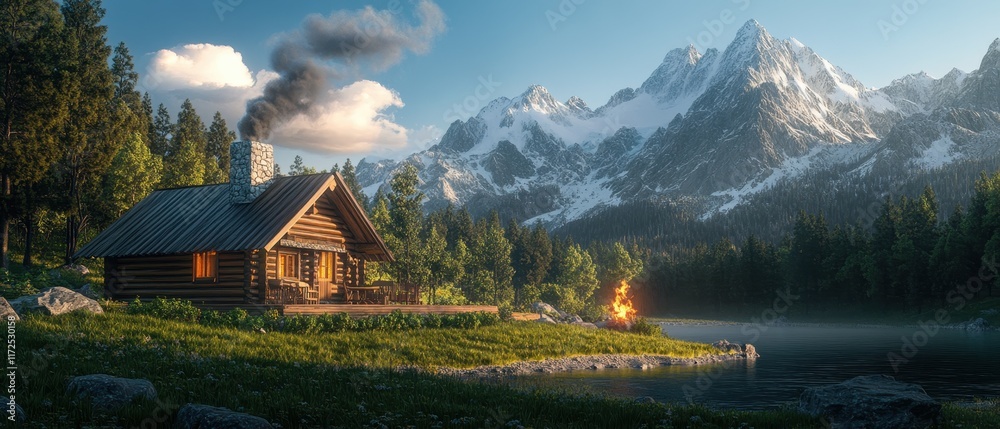 Fototapeta premium Cozy cabin in the mountains at dusk with smoke rising from the chimney