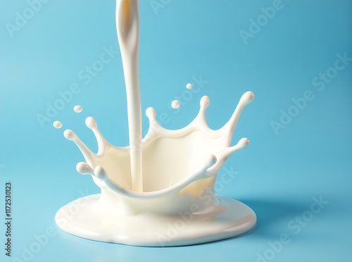 splattered milk splash, pouring white liquid flow for low, full, skimmed fat dairy products over blue clean isolated background as wide commercial banner design with copyspace