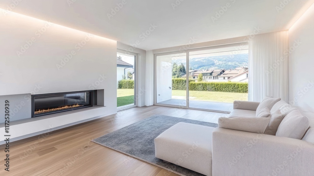 Modern living room with large windows and minimalist design. Modern living room with large windows and minimalist design.