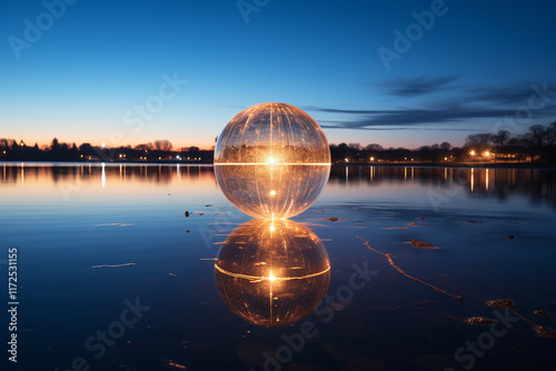 Behold resplendent spectacle of a grandiose lunar orb suspended low in heavens casting its ethereal glow upon placid expanse of a tranquil lake where its radiant reflection dances upon water's surface photo