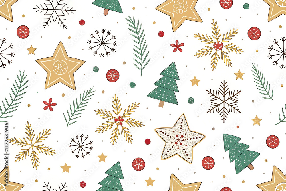 Festive Christmas seamless pattern with snowflakes, stars, trees, and berries. Festive Christmas seamless pattern with snowflakes, stars, trees, and berries.