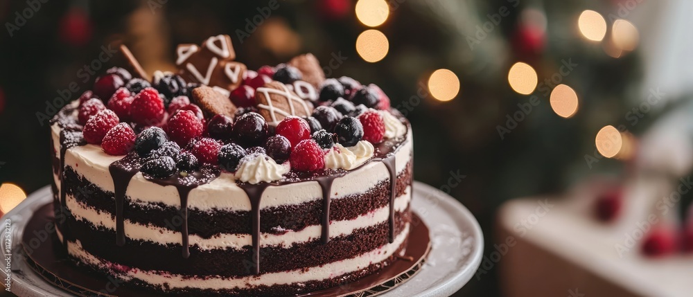 A beautifully decorated chocolate cake topped with berries and sweets. A beautifully decorated chocolate cake topped with berries and sweets.