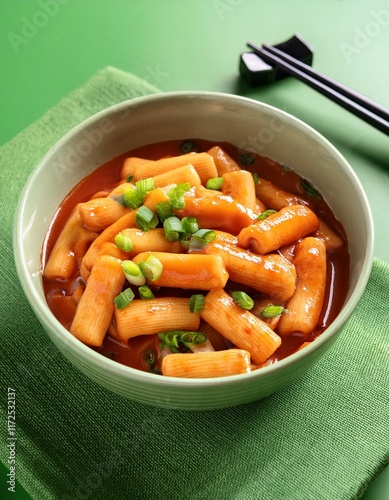 Korean spicy dish tteokbokki, rice cakes on green background photo