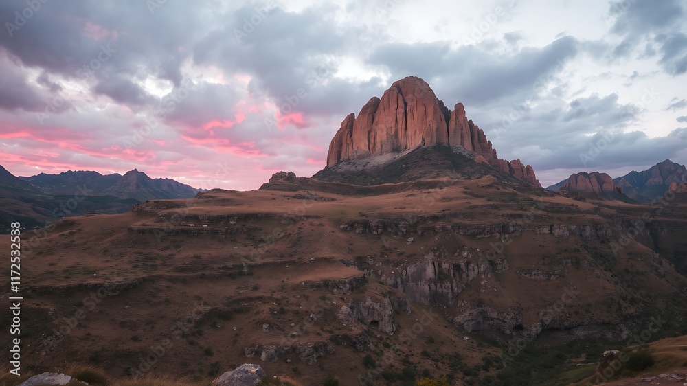 Majestic mountain peak at sunset, dramatic pink clouds over rugged terrain in caucasus mountains.