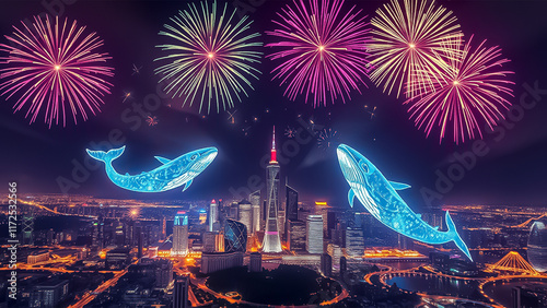 Festive whale fireworks in the sky above the city.