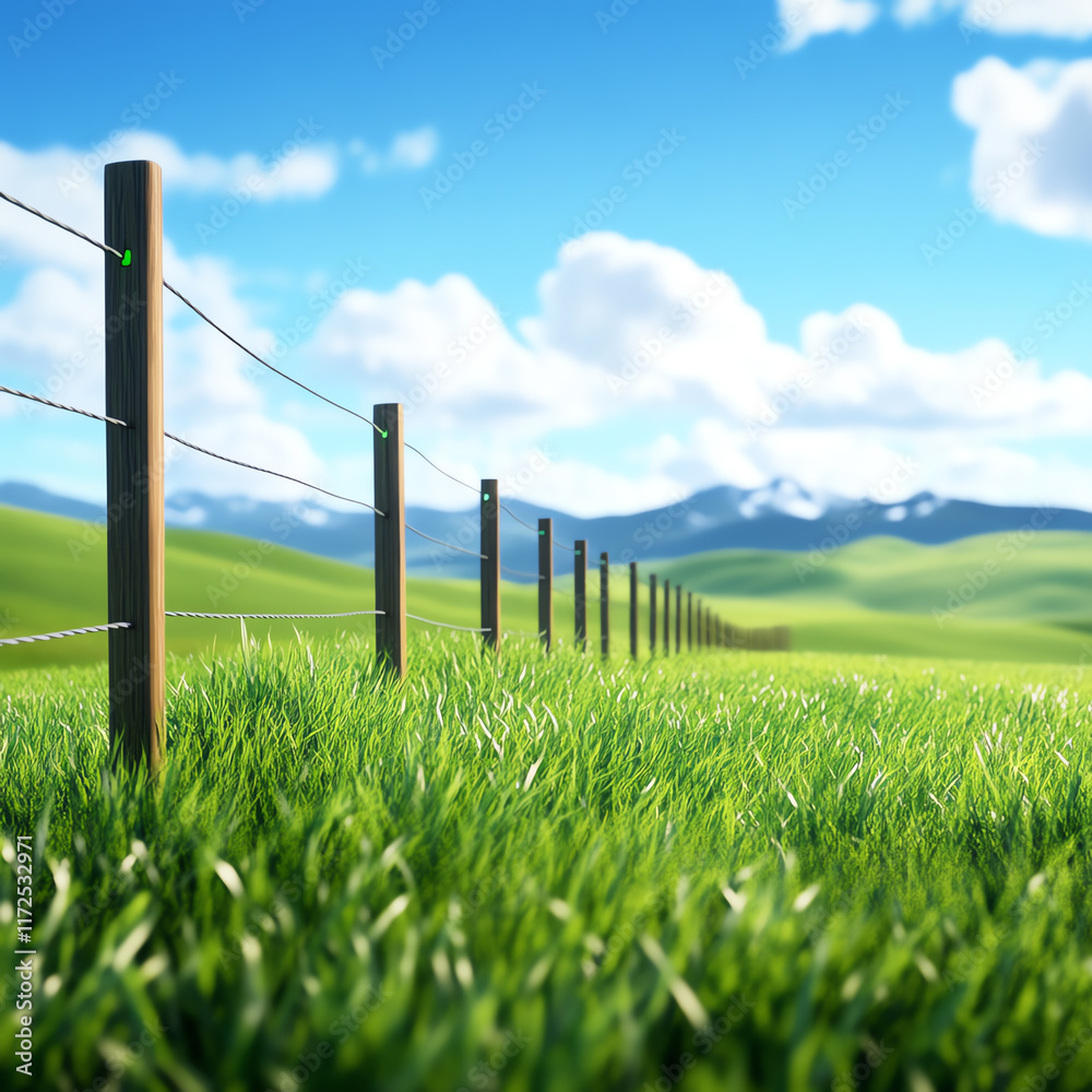 Fototapeta premium Vibrant green grass stretches toward a clear blue sky, with fence posts lining the path and distant mountains providing a serene backdrop.