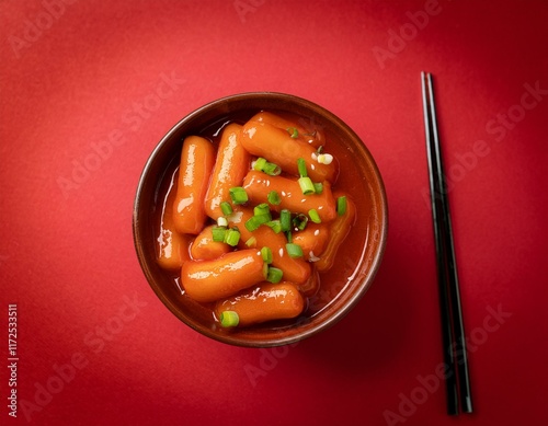 Korean spicy dish tteokbokki on red background photo