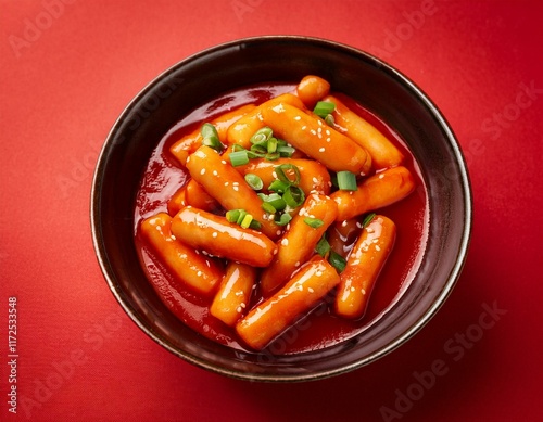 Korean spicy dish tteokbokki on red background photo