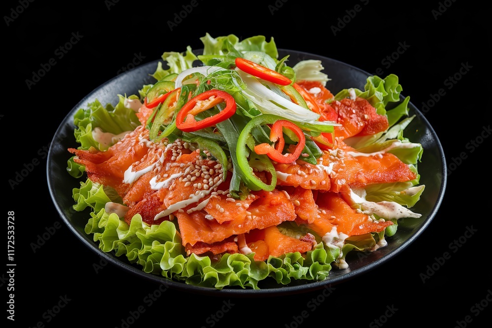 A medium shot of a spicy salmon skin salad with Thai ingredients A medium shot of a spicy salmon skin salad with Thai ingredients