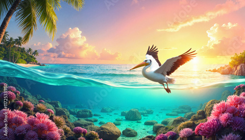 Pelican flying above colorful underwater coral reef