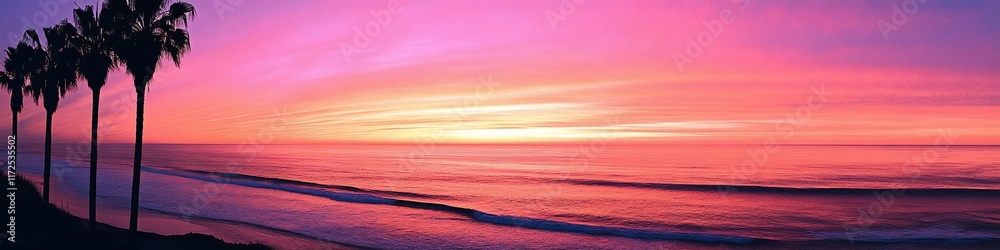 Obraz premium Tropical sunset over ocean with palm trees and vibrant pink orange purple sky