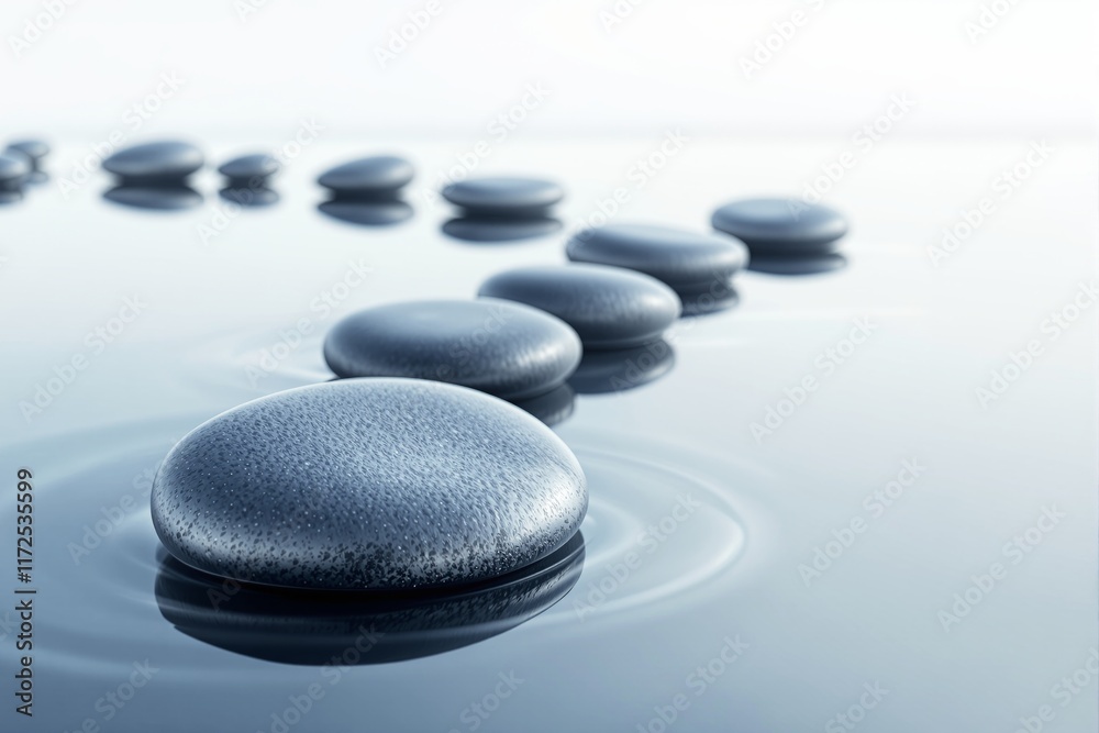 Smooth stones in water creating ripples on a serene surface, minimalistic style, soft light background. Concept of tranquility and balance. Ai generative Smooth stones in water creating ripples on a serene surface, minimalistic style, soft light background. Concept of tranquility and balance. Ai generative