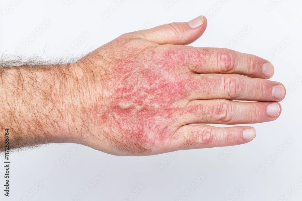 Severe Hand Erythema Close up of Red Inflamed Skin on Male Hand Severe Hand Erythema Close up of Red Inflamed Skin on Male Hand