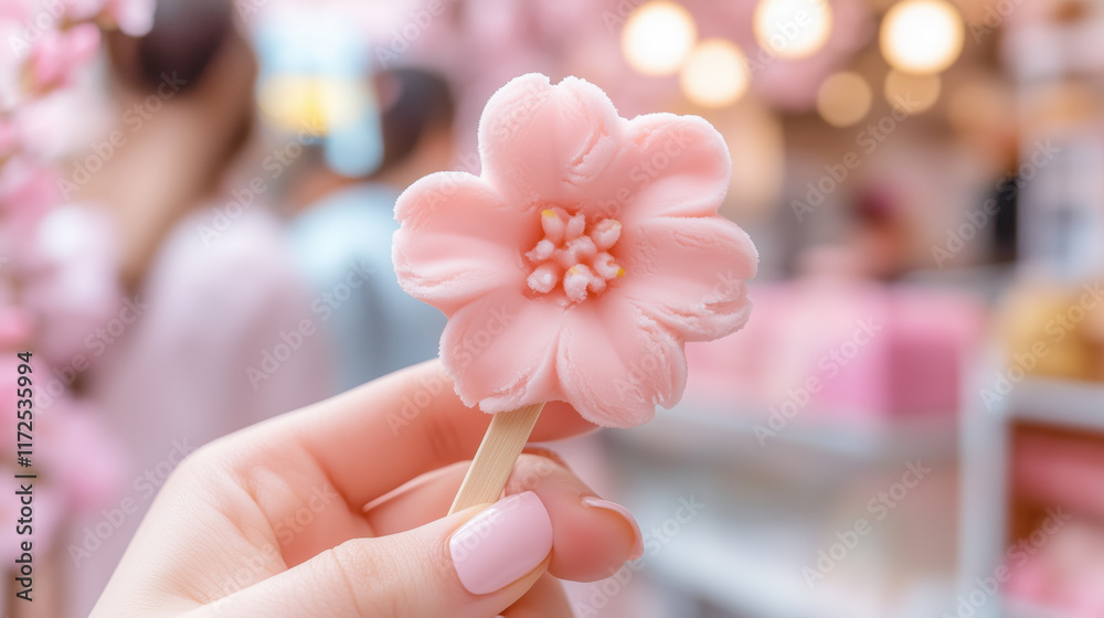 Cherry blossom shaped sakura ice cream in pink color, delightful treat Cherry blossom shaped sakura ice cream in pink color, delightful treat