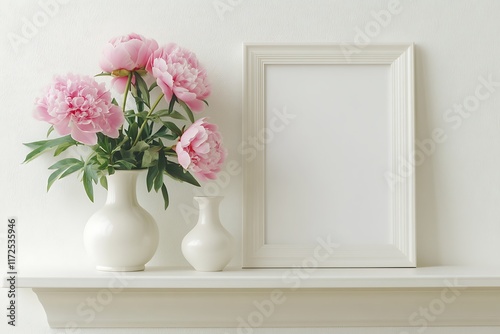 Fototapeta Naklejka Na Ścianę i Meble -  White frame mockup with peony flowers in glass vase on white wall