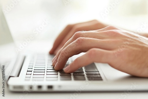 Fingers poised over keyboard, focused on creating digital conten photo