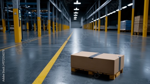 Warehouse Interior with Single Cardboard Box on Wooden Pallet and Empty Aisle under Bright Lighting in Industrial Environment photo