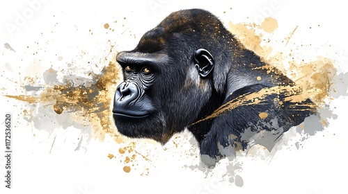 Powerful Gorilla Portrait: Digital Painting with Gold Ink Splatter AI Generated photo