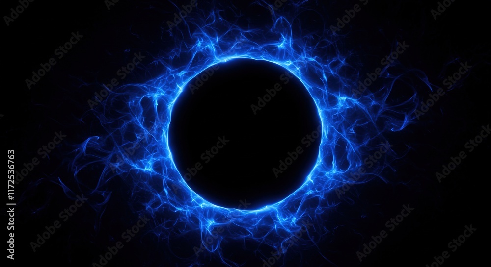 Fototapeta premium Electric blue energy plasma ring, frame Portal with glowing lightning isolated on black background, overlay transparent alpha VFX