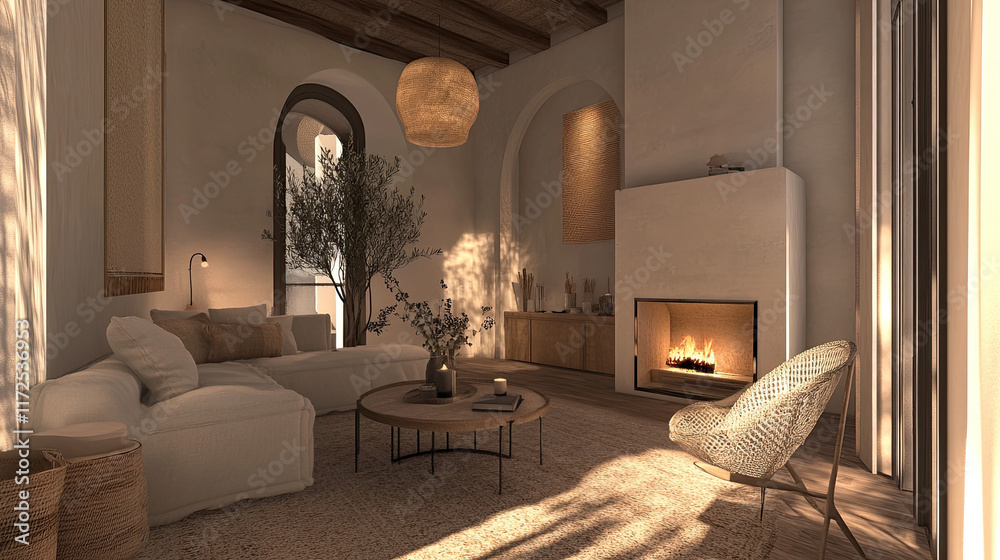 Fototapeta premium Cozy Modern Living Room with Warm Light and Elegant Decor