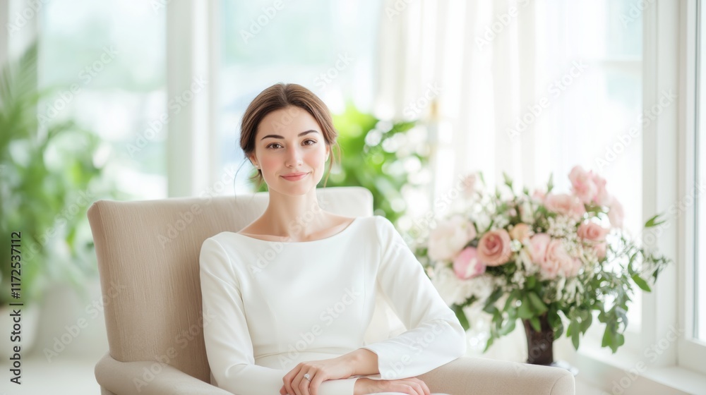 Woman sitting gracefully in a bright room with flowers, showcasing elegance and beauty during an indoor gathering. Woman sitting gracefully in a bright room with flowers, showcasing elegance and beauty during an indoor gathering.