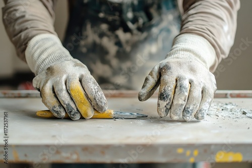 Hands covered in dust work meticulously with scraper on smooth s photo