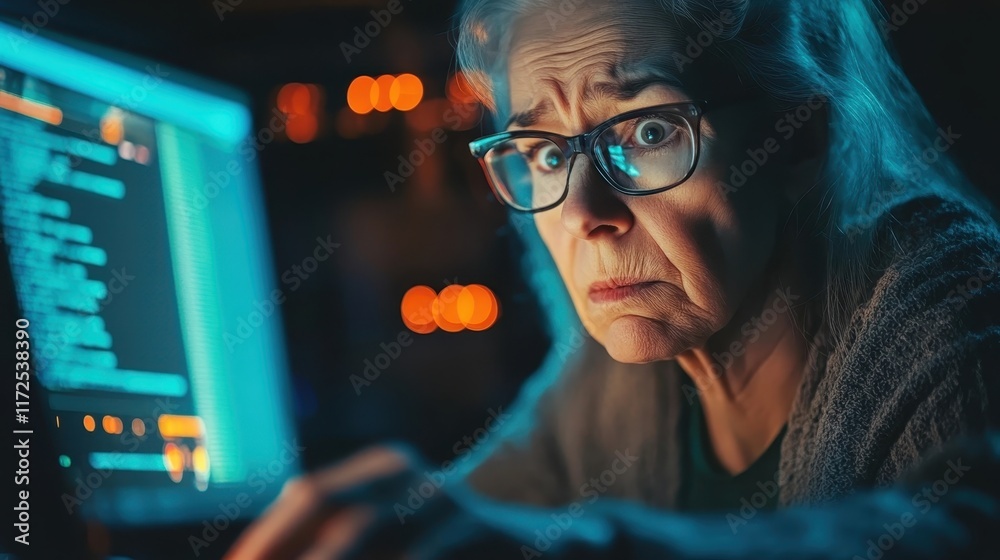Worried Elderly Woman Typing on Computer Screen Displaying Phishing Website Worried Elderly Woman Typing on Computer Screen Displaying Phishing Website